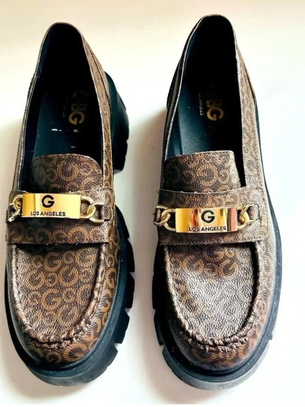G by Guess Los Angeles Brown lug sole Loafers in size 8 with gold tone plaque